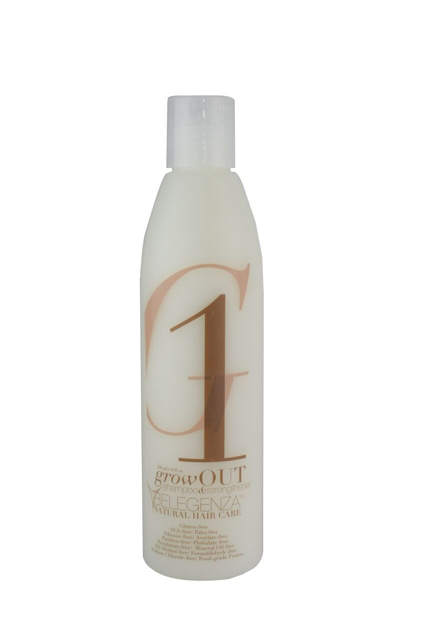 Belegenza GrowOut Shampoo Strengthener bottle front highlighting premium care and vitality boost