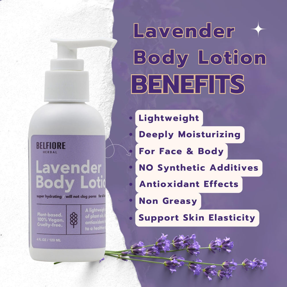 Belfiore Herbal lavender essential oil aroma calms skin and senses.