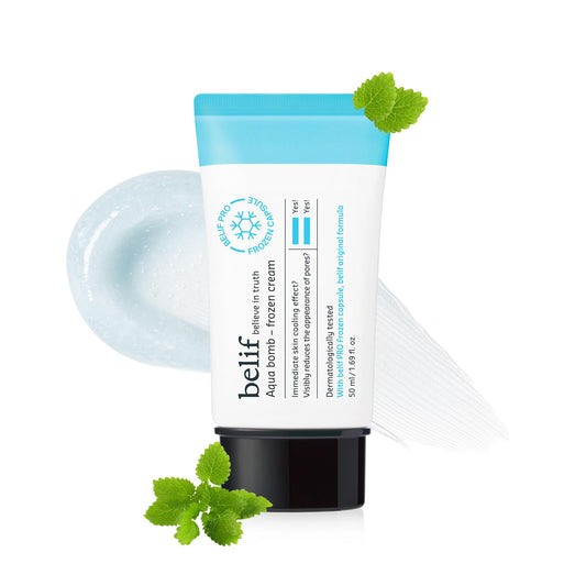 Belif Aqua Bomb jar closeup showing soothing hydration for overheated skin.