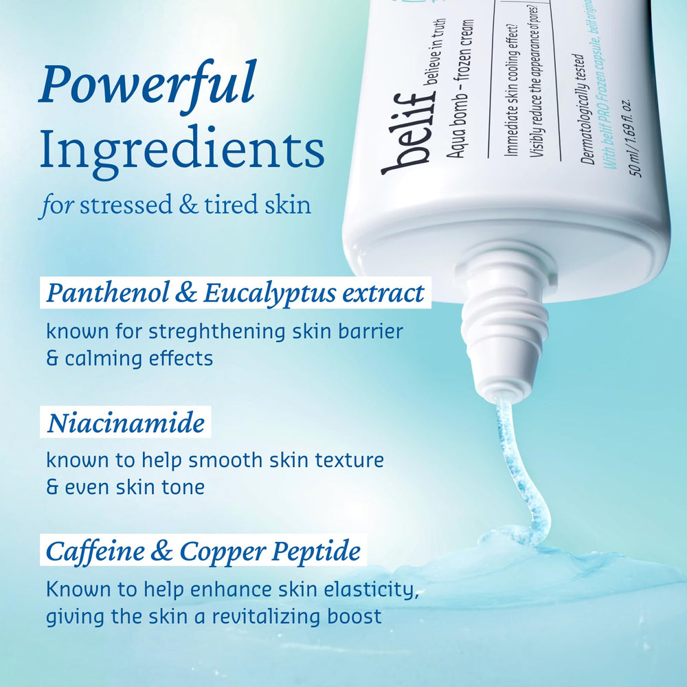 Belif Aqua Bomb packaging display emphasizes premium Korean skincare quality.