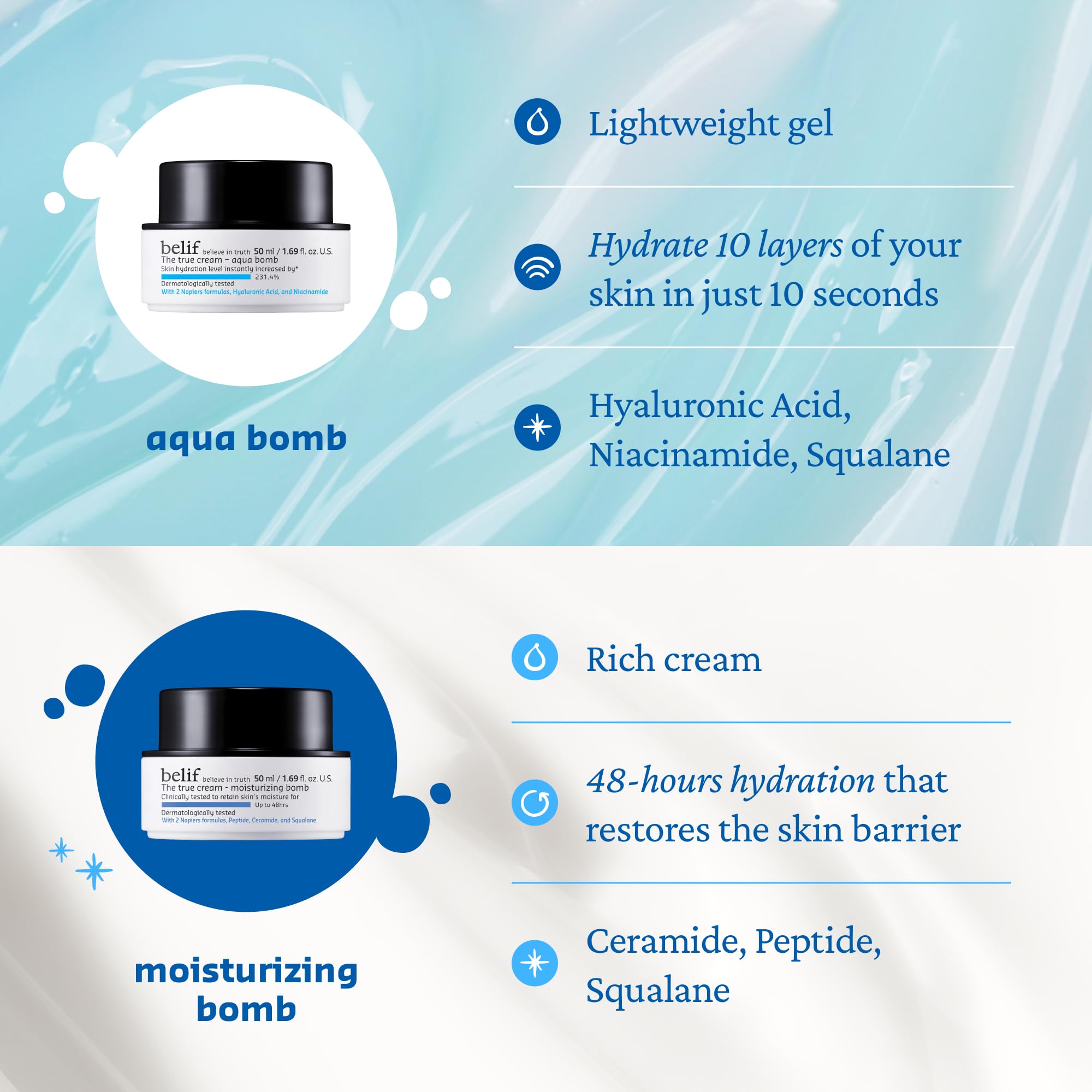Belif Aqua Bomb ingredients with Hyaluronic Acid and Niacinamide for moisture