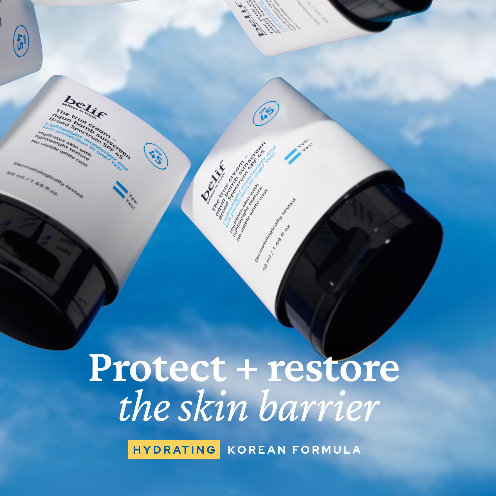 Belif Aqua Bomb SPF45 sunscreen tube enables quick absorption for makeup-ready skin.