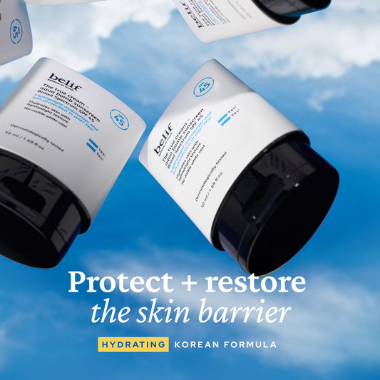 Belif Aqua Bomb SPF45 sunscreen tube enables quick absorption for makeup-ready skin.
