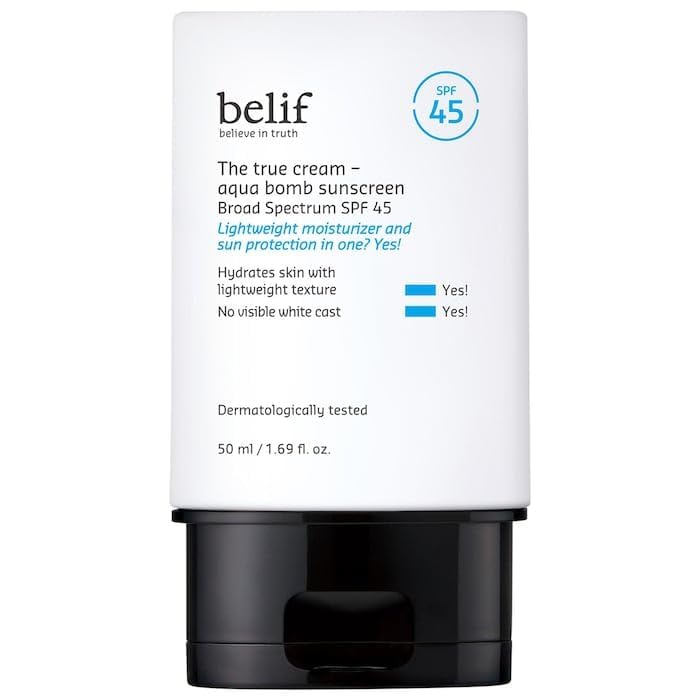 Belif Aqua Bomb SPF45 sunscreen tube offers lightweight UV protection for daily wear.
