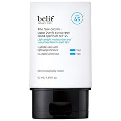 Belif Aqua Bomb SPF45 sunscreen tube offers lightweight UV protection for daily wear.