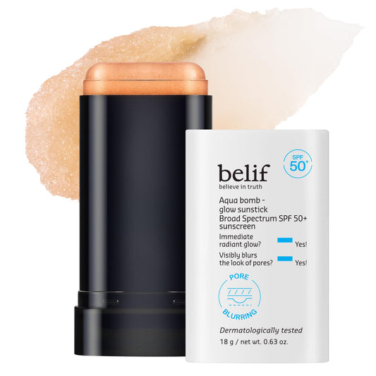 Belif Aqua Bomb Sunscreen Stick SPF50+ glides on with no white cast for daily use.