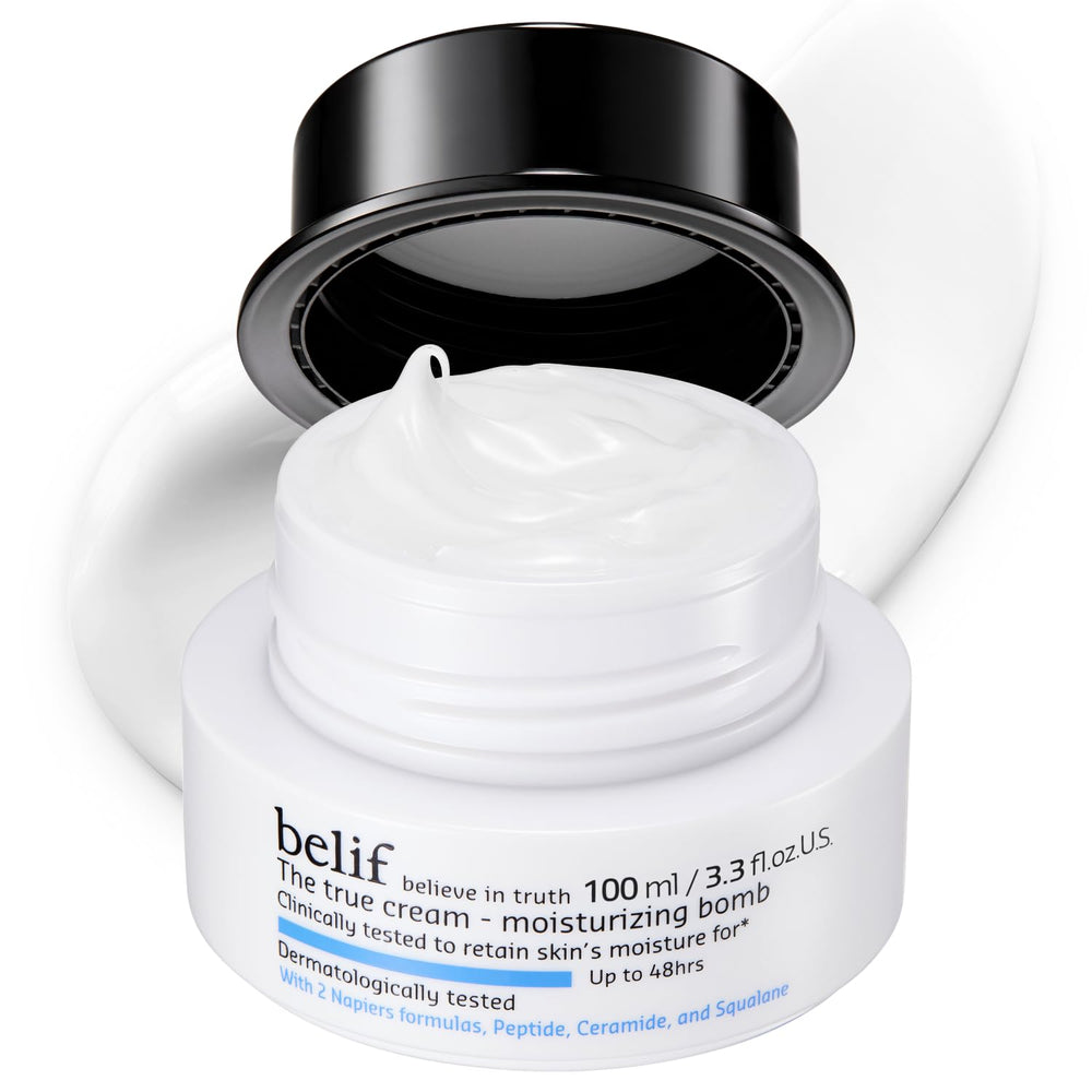 Belif Moisturizing Bomb ceramide cream jar close-up, ideal for daily hydration and barrier support.