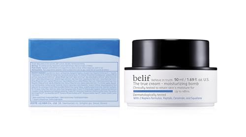 Belif Moisturizing Bomb packaging front, easy daily routine and barrier support.