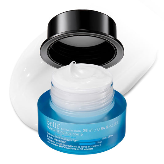 Belif Peptide Eye Bomb jar close-up shows hydrating cream for delicate eye skin.