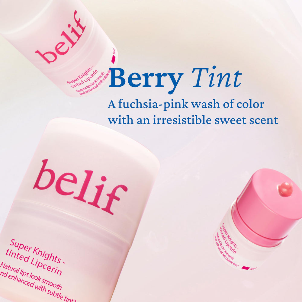 belif Lipcerin Berry tint on lips captures color with plump comfort.