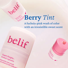 belif Lipcerin Berry tint on lips captures color with plump comfort.