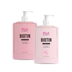 Bella All Natural shampoo bottle with biotin and collagen promotes fuller-looking hair and scalp care