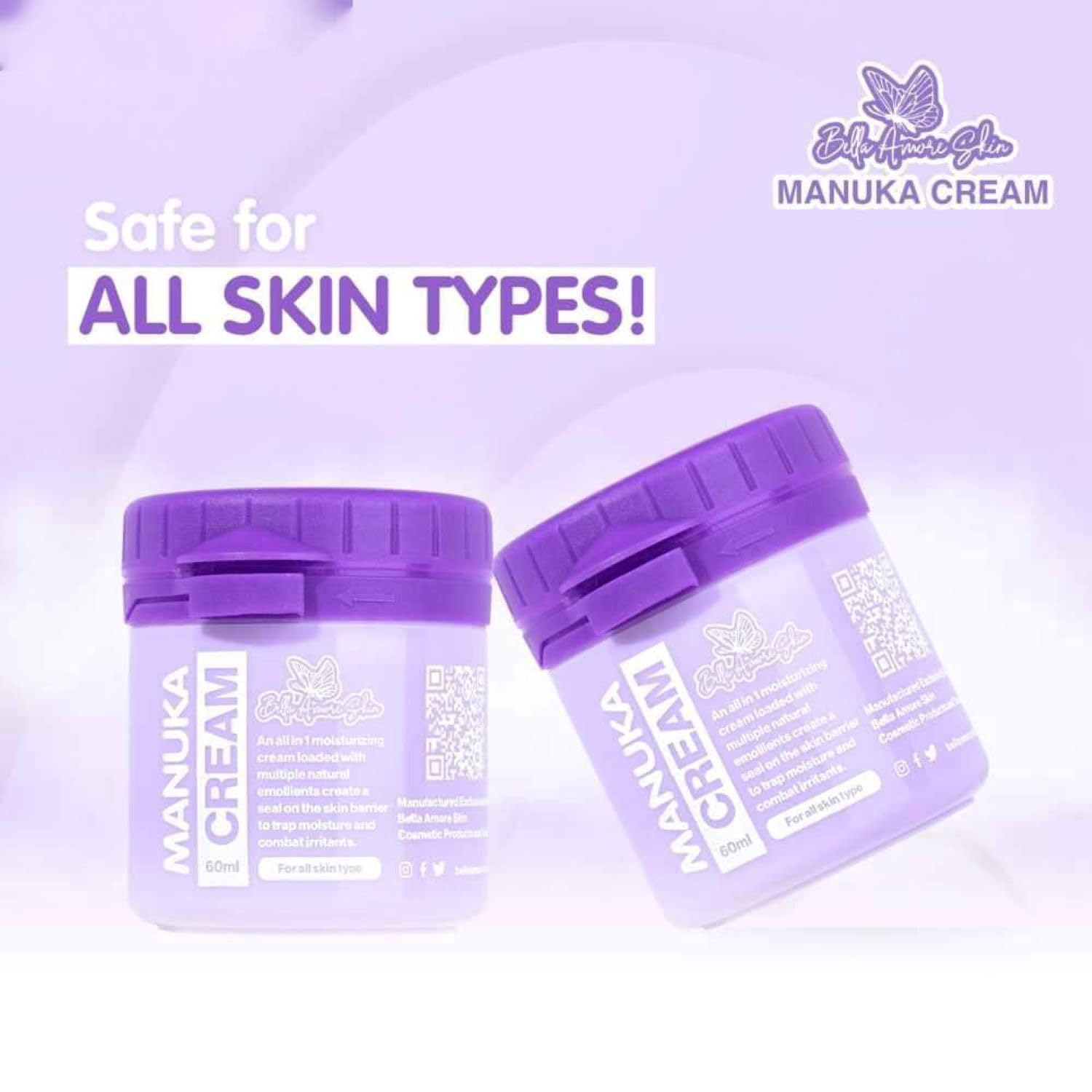 Bella Amore Skin Manuka Cream texture close-up, showcasing creamy consistency for moisture delivery.