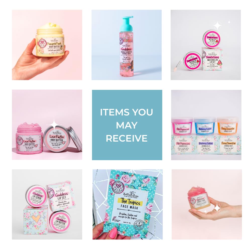 Bella & Bear mystery box full-size lotion and scrubs for pampered skin.