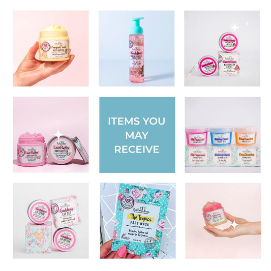 Bella & Bear mystery box full-size lotion and scrubs for pampered skin.