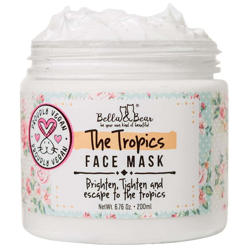 Bella & Bear Tropics face mask white jar close-up highlighting brightening benefits
