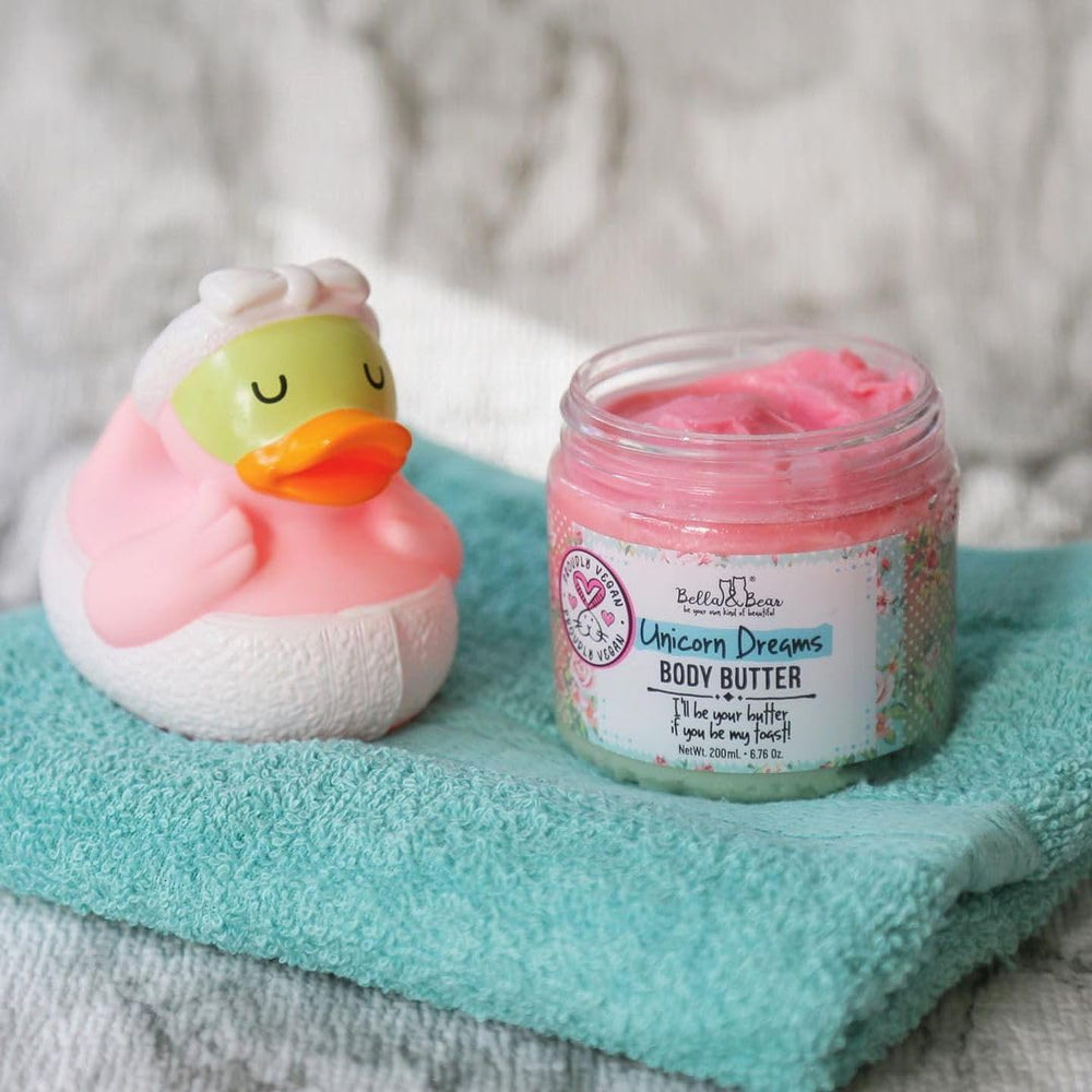 Gift-ready Bella & Bear Unicorn Dream Body Scrub packaging for self-care gifts.