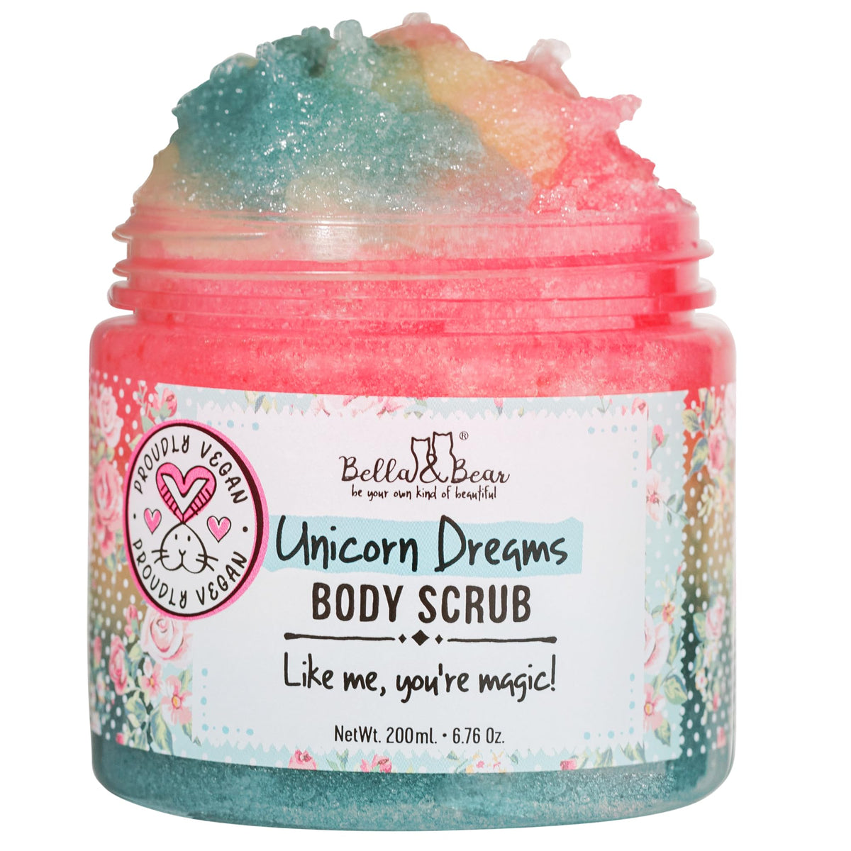 Bella & Bear Unicorn Dream Body Scrub packaging showcases vegan, cruelty-free formula.