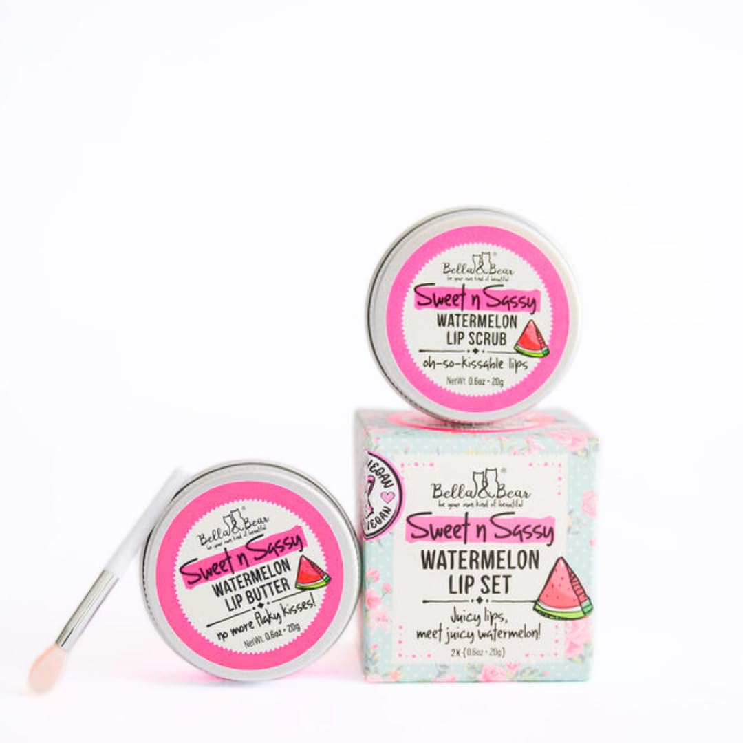 Bella and Bear Watermelon Lip Scrub jar offering gentle exfoliation for smooth lips.