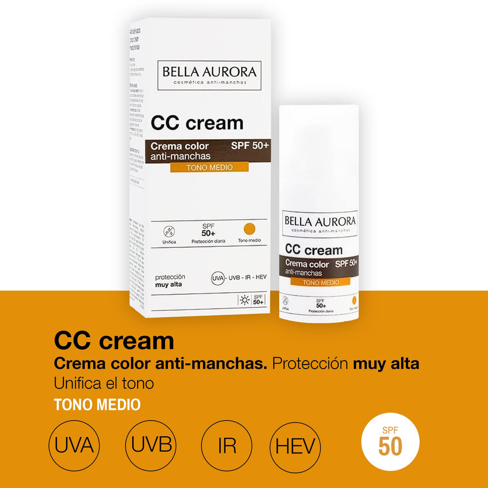 Bella Aurora CC Cream Medium bottle back showing SPF50+ and usage notes.