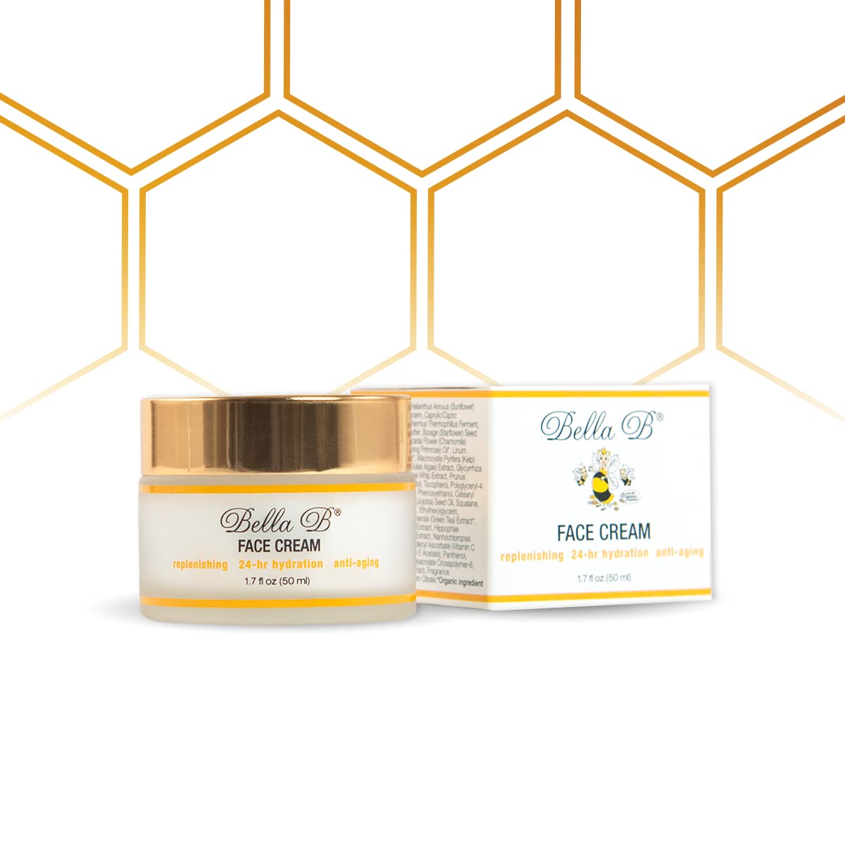 Bella B Face Cream jar close-up, highlighting organic formula for daily hydration.