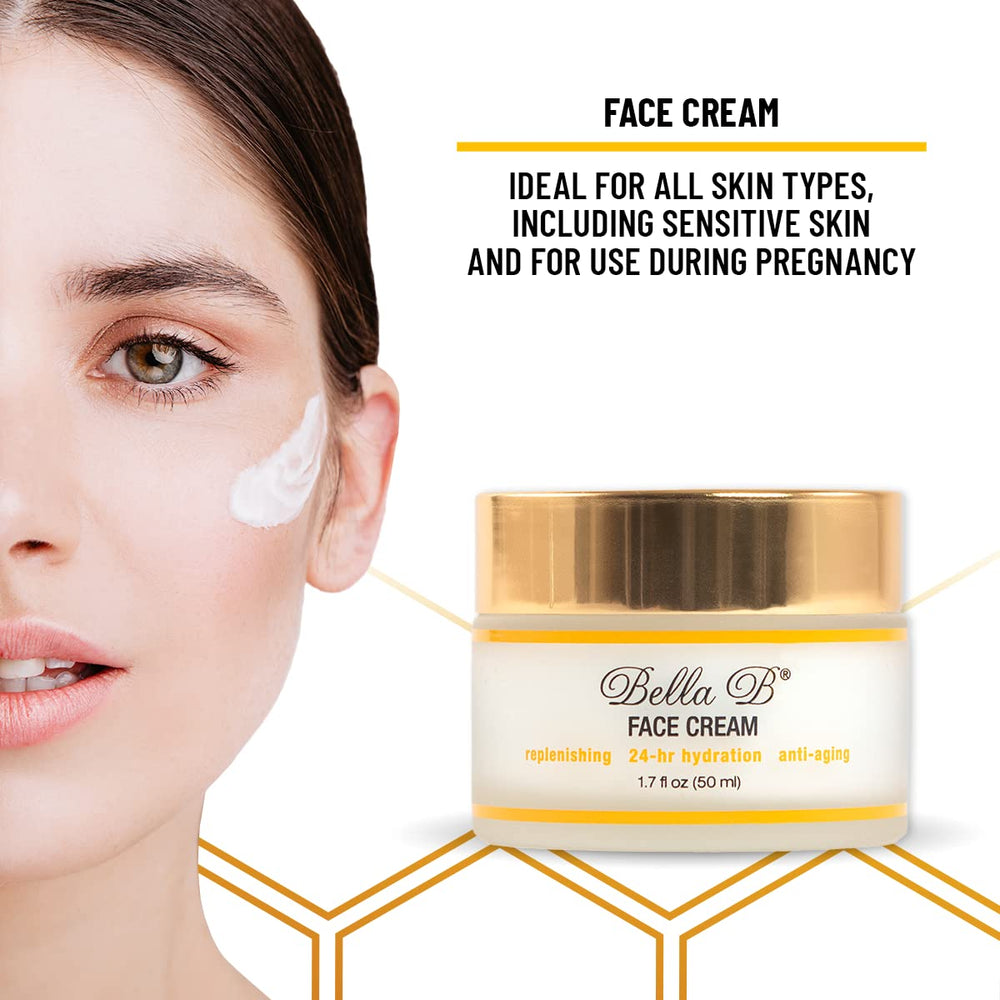 Bella B Face Cream spread on cheek demonstrates smooth application for a glowing complexion.