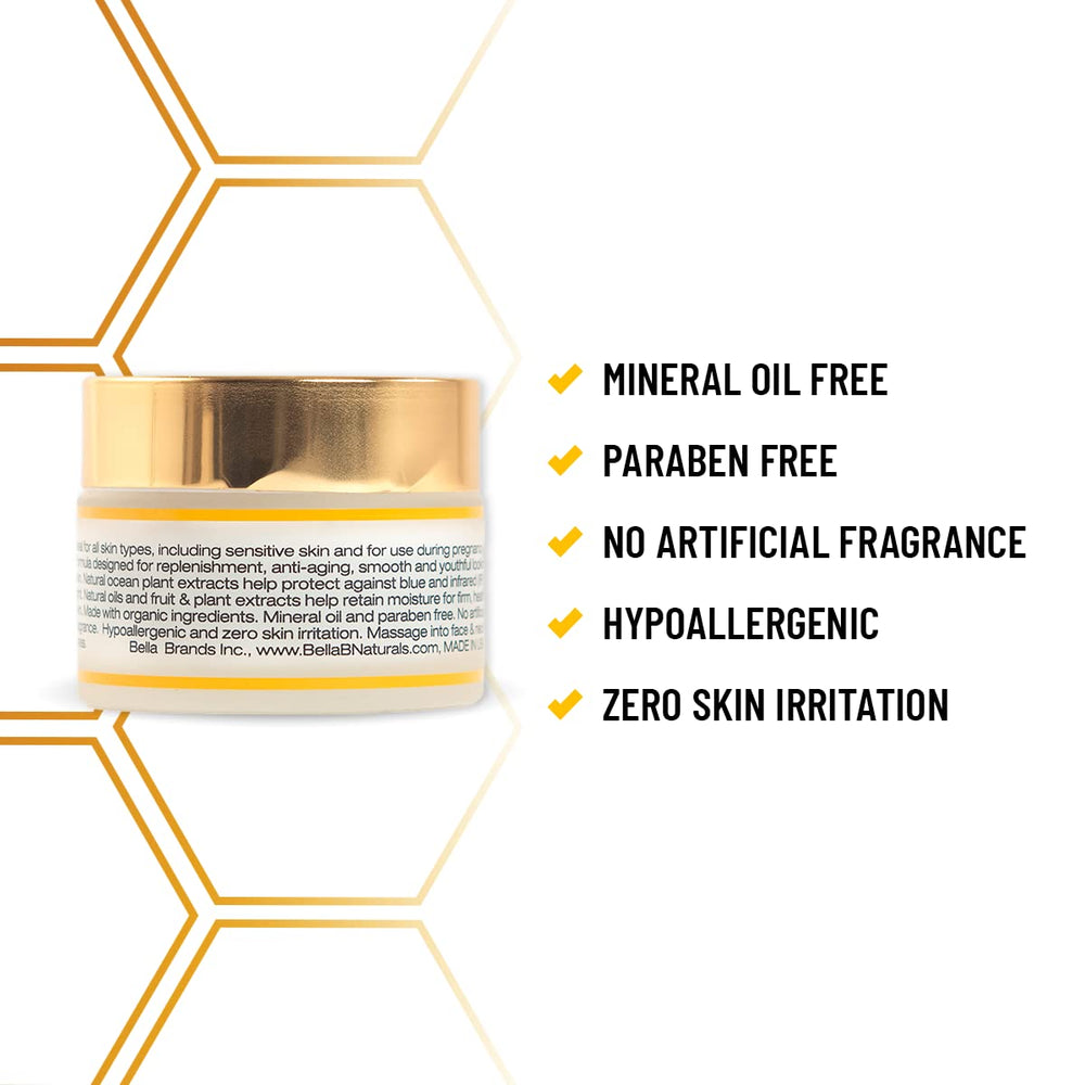 Bella B Face Cream texture with bottle cap emphasizes luxurious, fragrance-free moisturizer for sensitive skin.