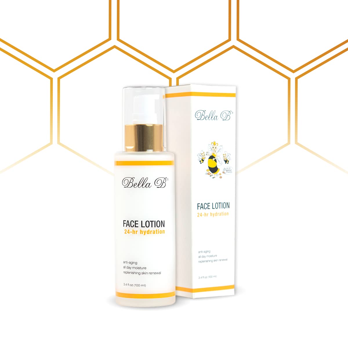 Bella B Face Lotion bottle shows a hydrating, radiant daily glow