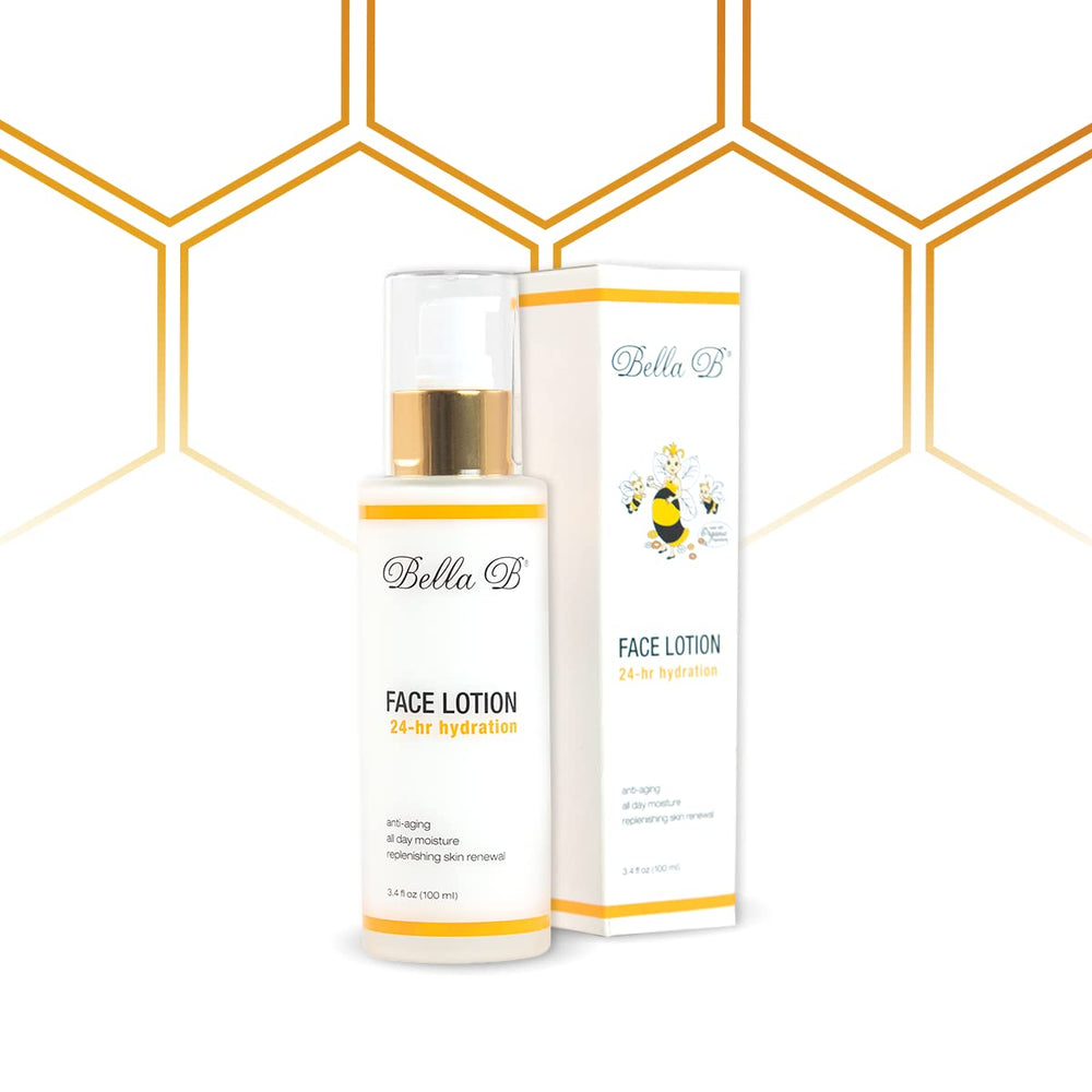 Bella B Face Lotion bottle shows a hydrating, radiant daily glow