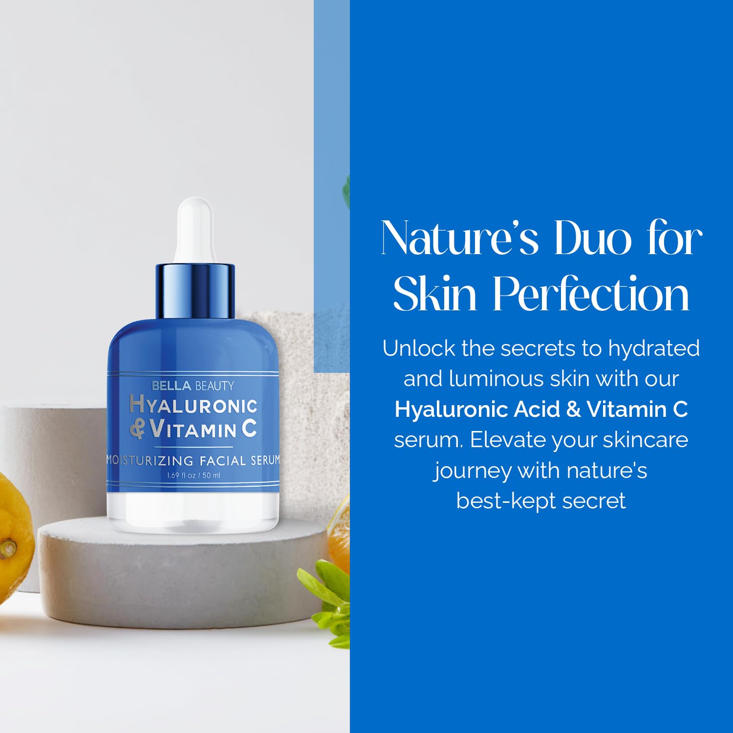 Bella Beauty Hyaluronic Acid Serum dropper closeup highlighting precise application and hydration.