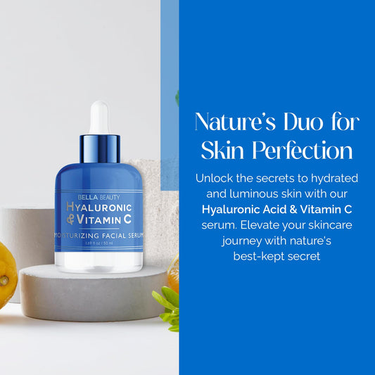 Bella Beauty Hyaluronic Acid Serum dropper closeup highlighting precise application and hydration.