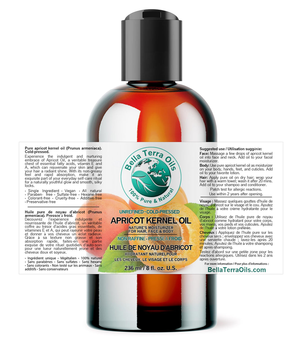Bella Terra Oils apricot oil cold-press process preserves nutrients for radiant skin