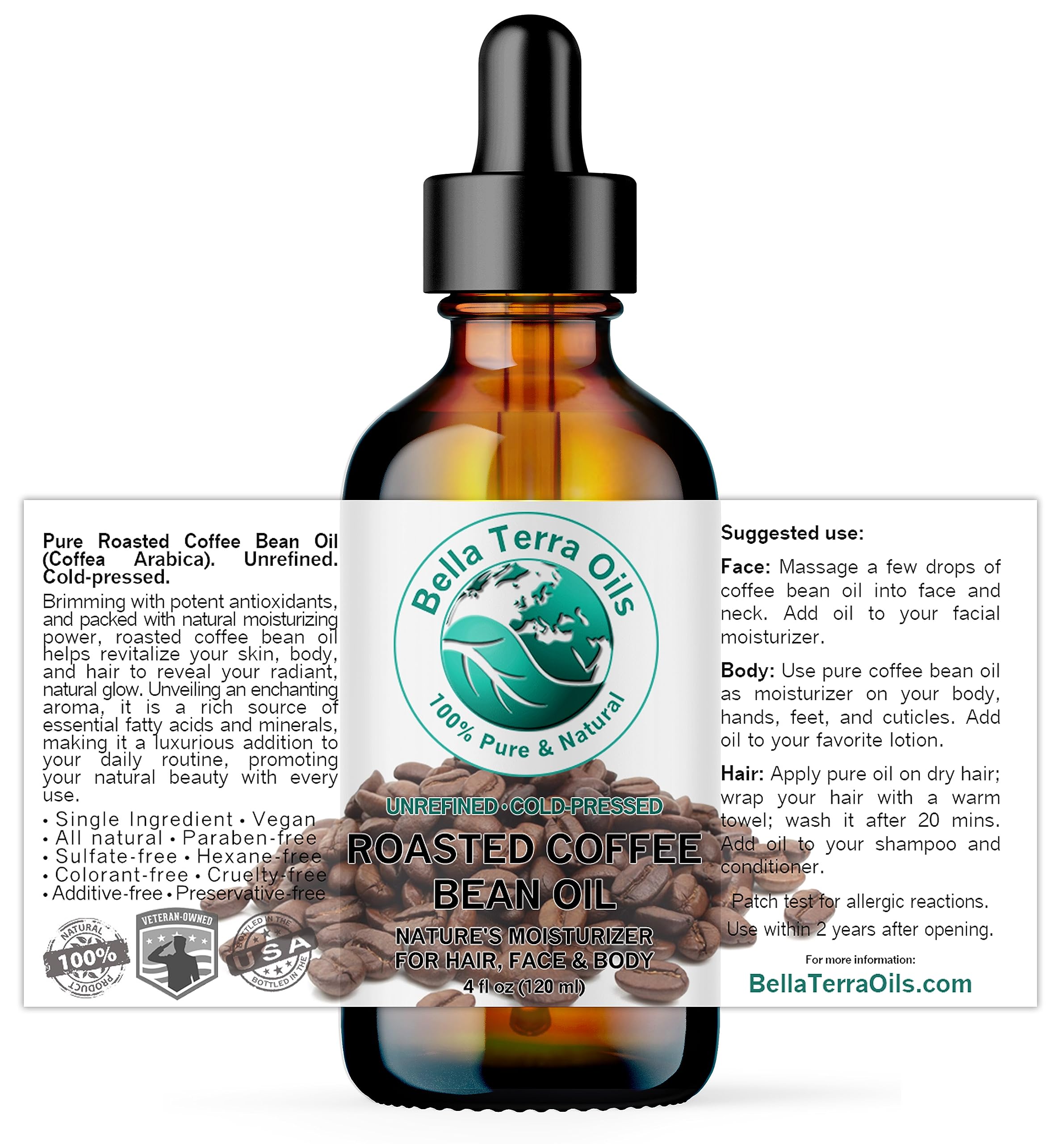 Bella Terra Oils aromatic coffee oil close-up, inviting scent and smoothing skin texture.