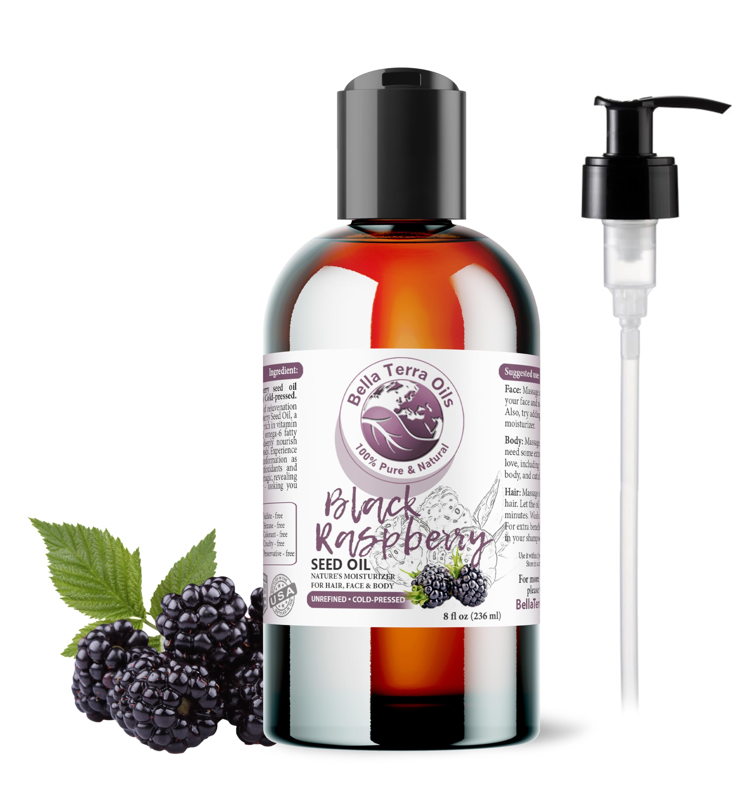 Bella Terra Oils black raspberry seed oil bottle ready for lightweight skin hydration