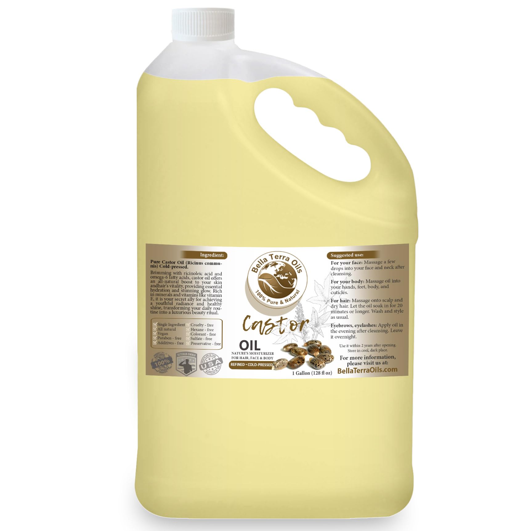 Bella Terra Oils castor oil bottle front view showing rich hydration for hair and skin.