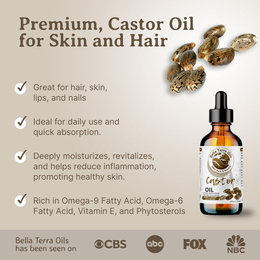 Bella Terra Oils castor oil closeup highlighting moisture for hair conditioning.