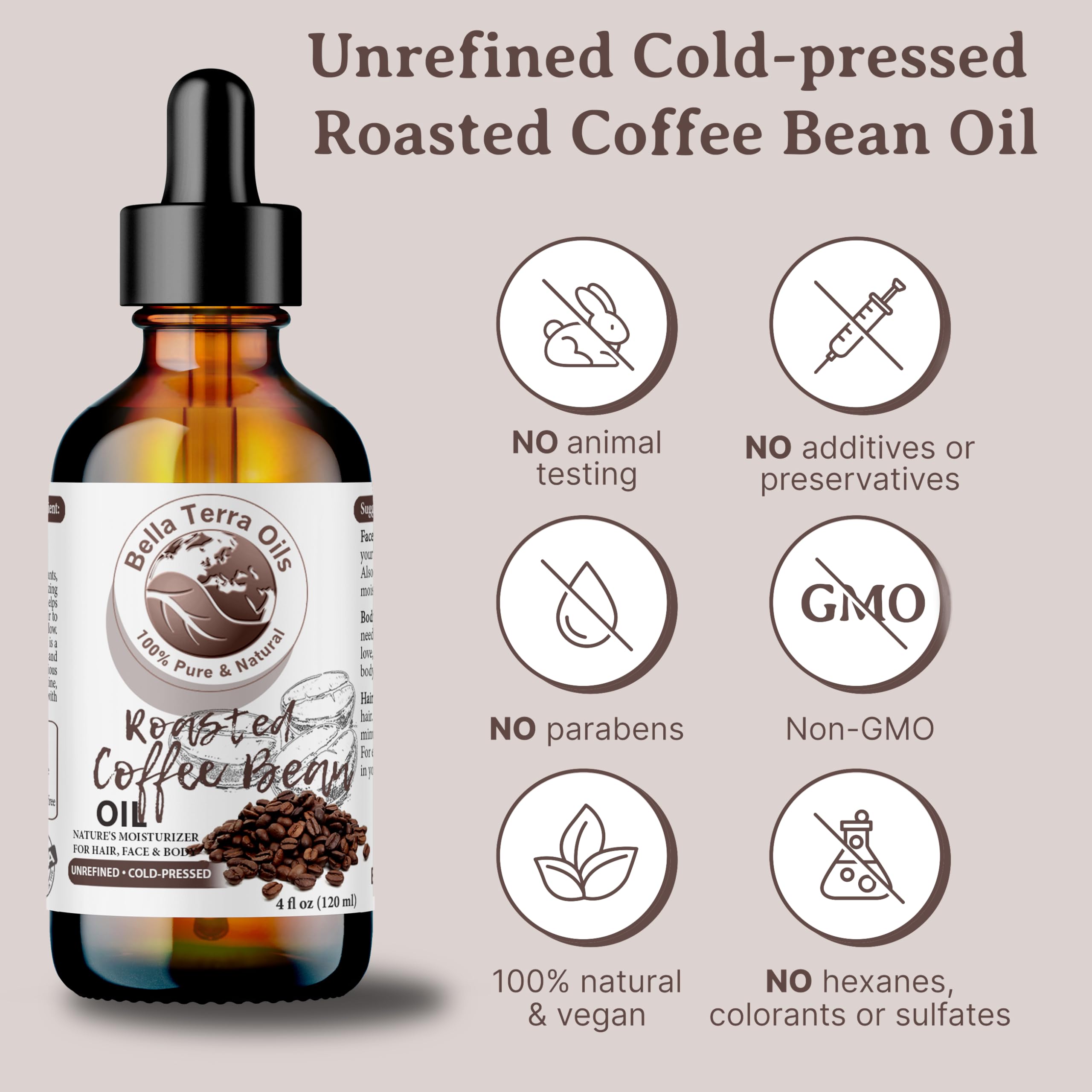 Bella Terra Oils coffee bean oil ingredient panel notes antioxidants for skin-friendly nourishment.