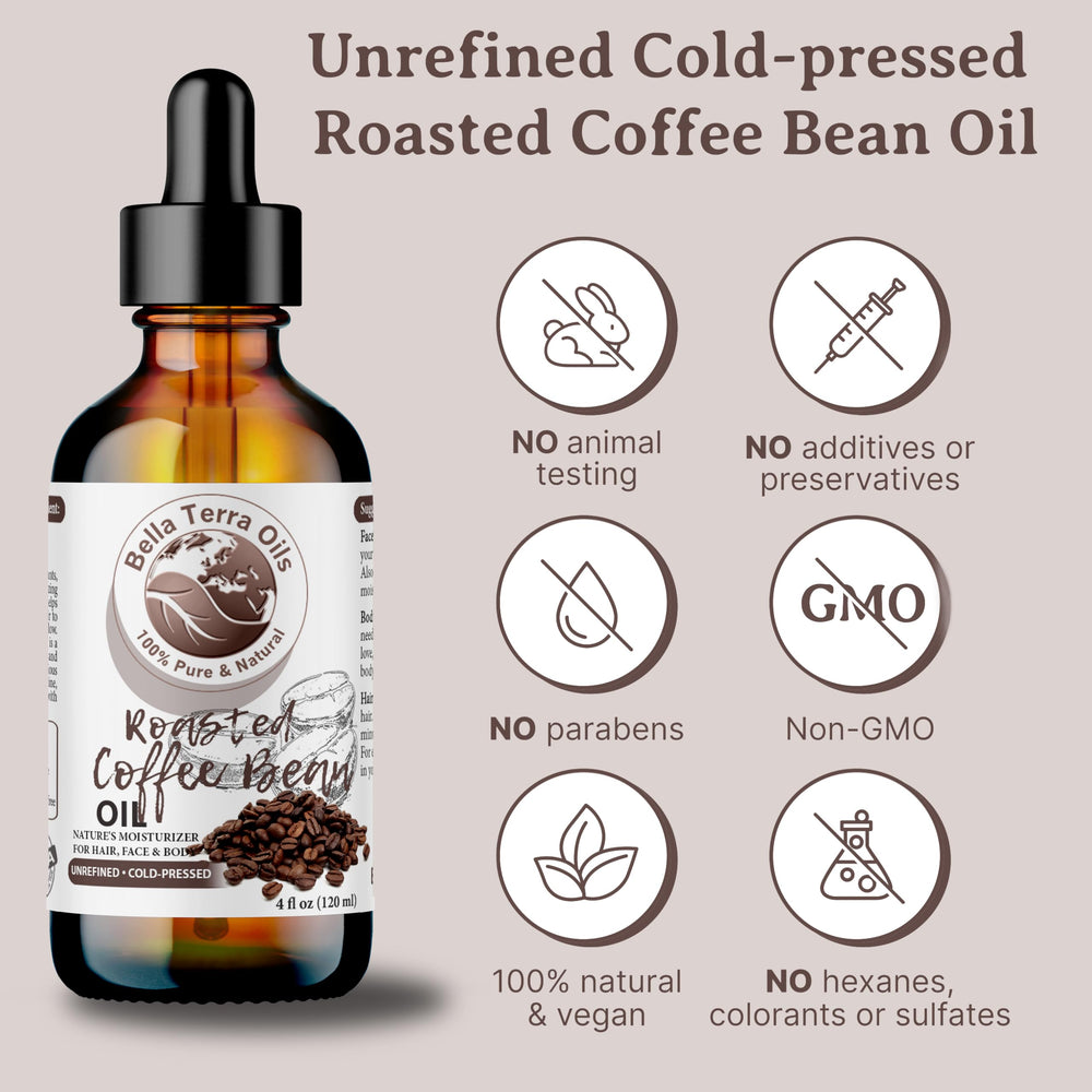 Bella Terra Oils coffee bean oil ingredient panel notes antioxidants for skin-friendly nourishment.