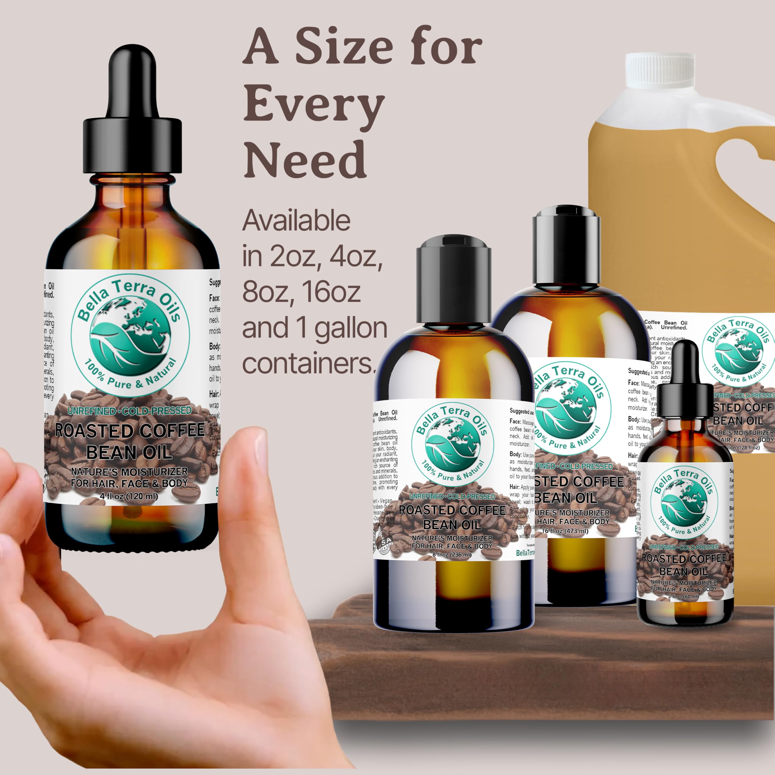 Bella Terra Oils 4 oz coffee oil bottle, convenient skincare ingredient.