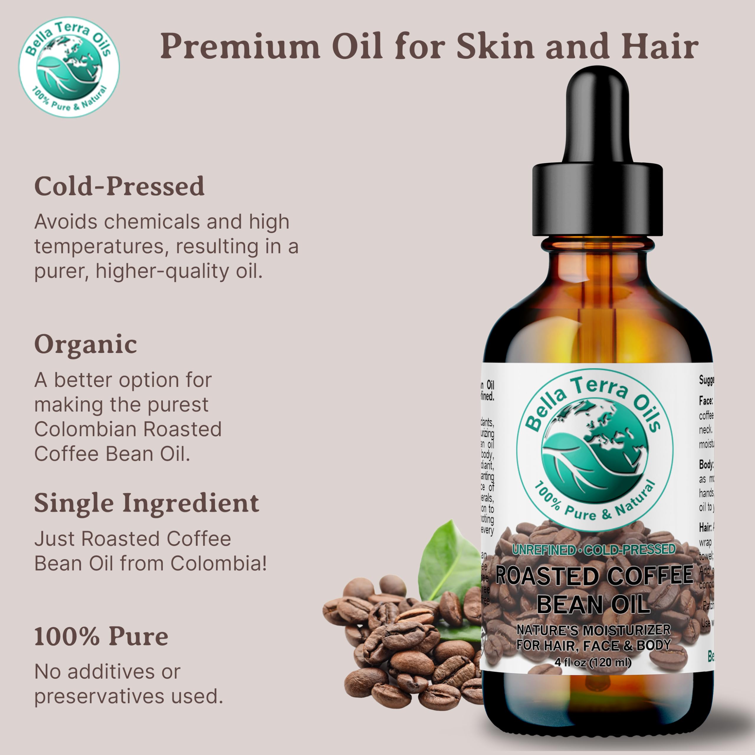 Bella Terra Oils coffee oil bottle on wooden surface, boutique skincare ambiance.