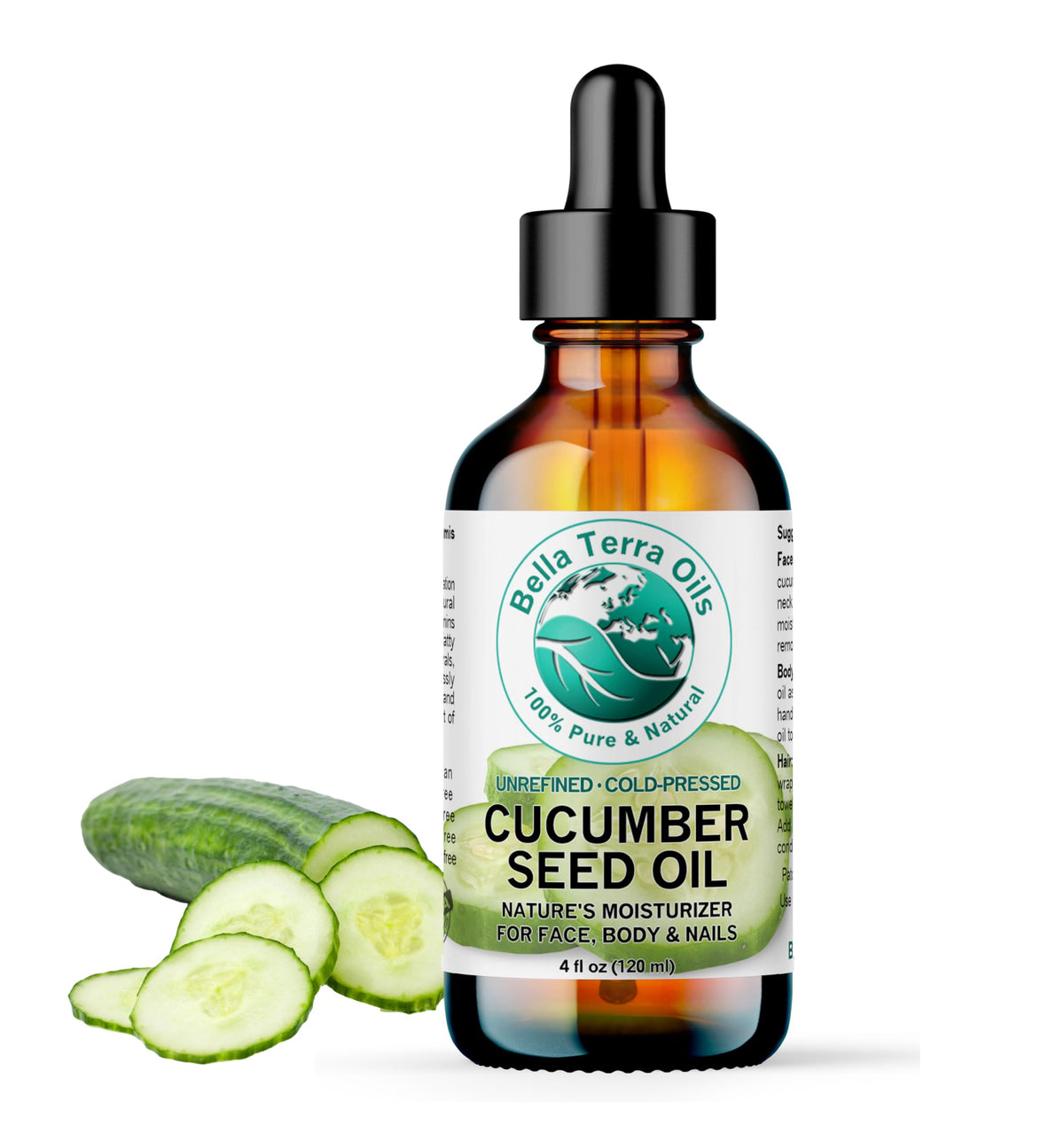 Bella Terra Oils cucumber seed oil 4oz bottle for daily skin hydration.