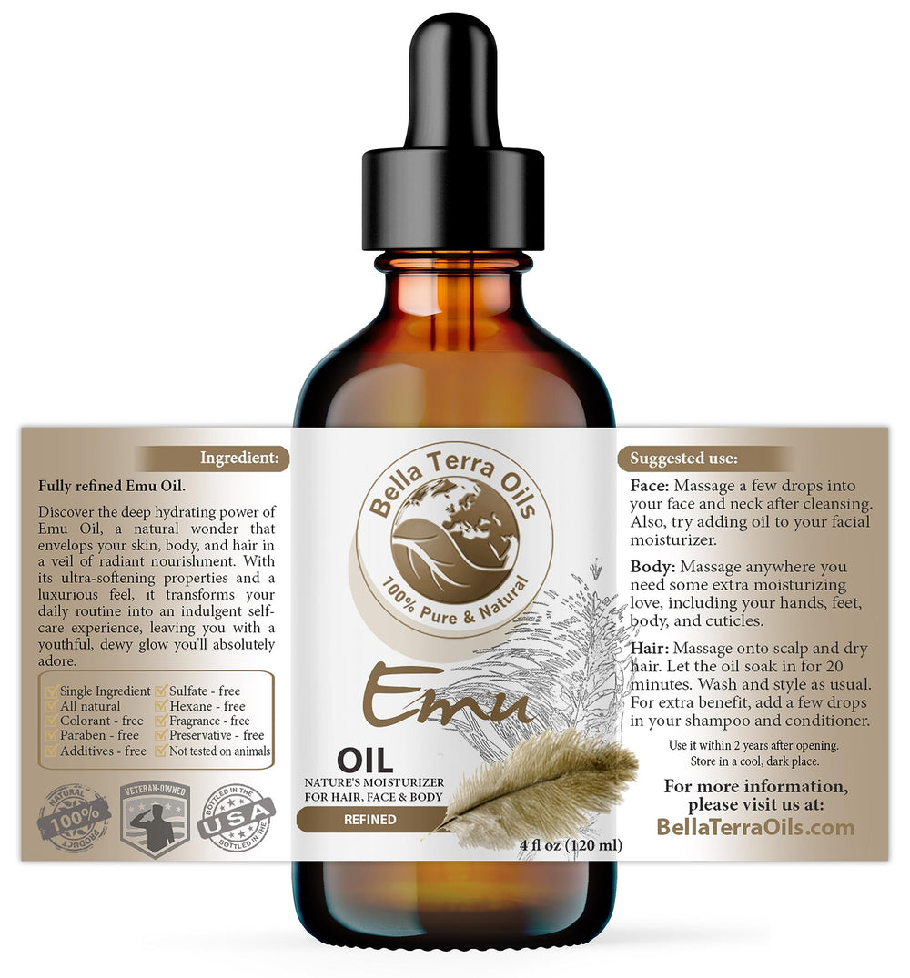 Close-up of Emu Oil bottle pouring, showing smooth, fast-absorbing texture.