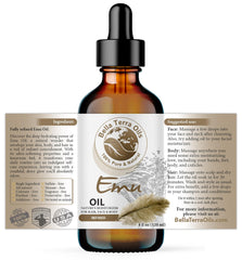 Close-up of Emu Oil bottle pouring, showing smooth, fast-absorbing texture.