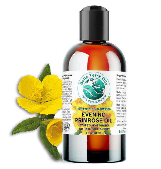 Bella Terra Oils evening primrose oil bottle for skin and hair care.