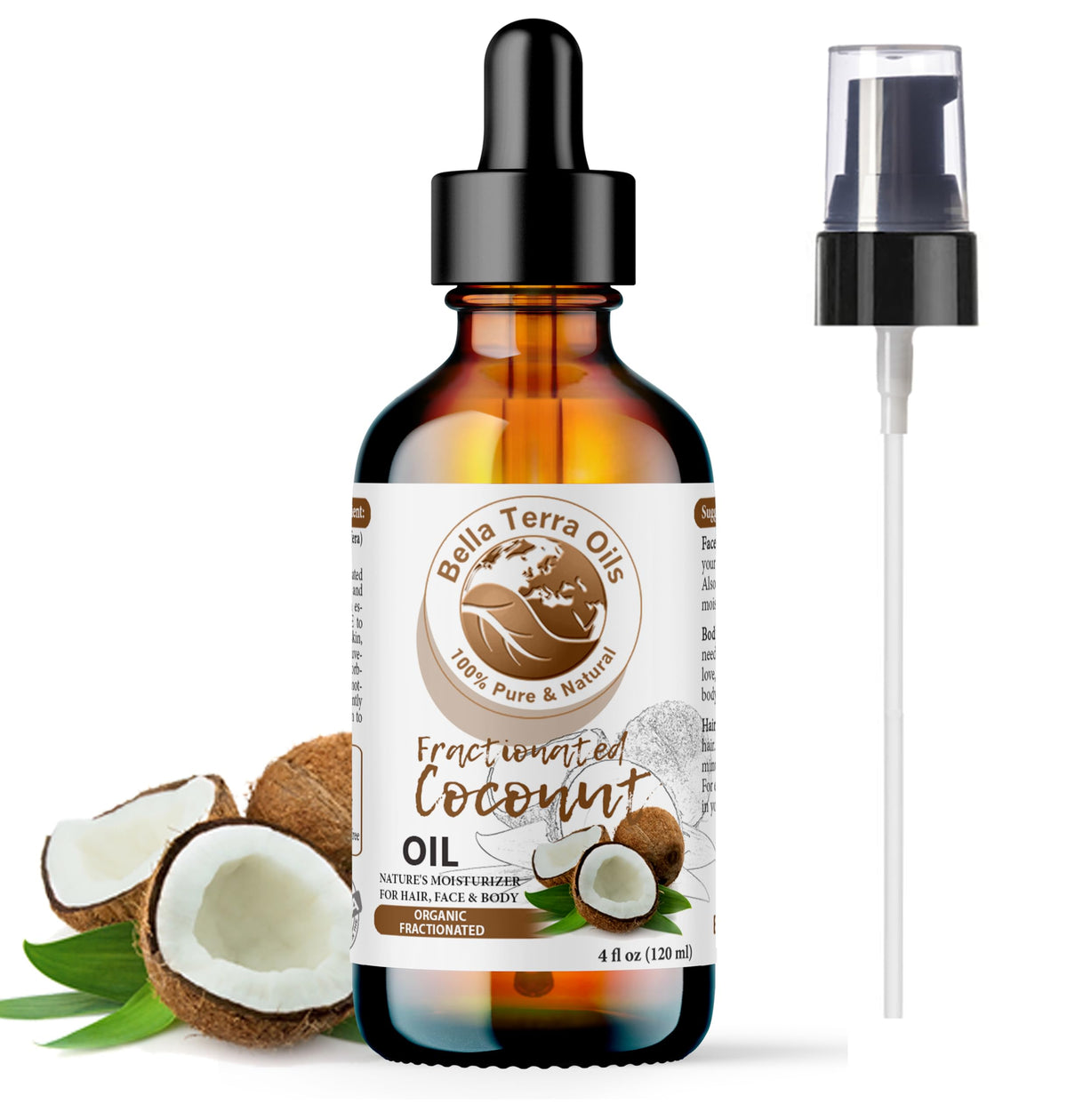 Bella Terra Oils fractionated coconut oil bottle highlights versatile carrier for skin and hair.