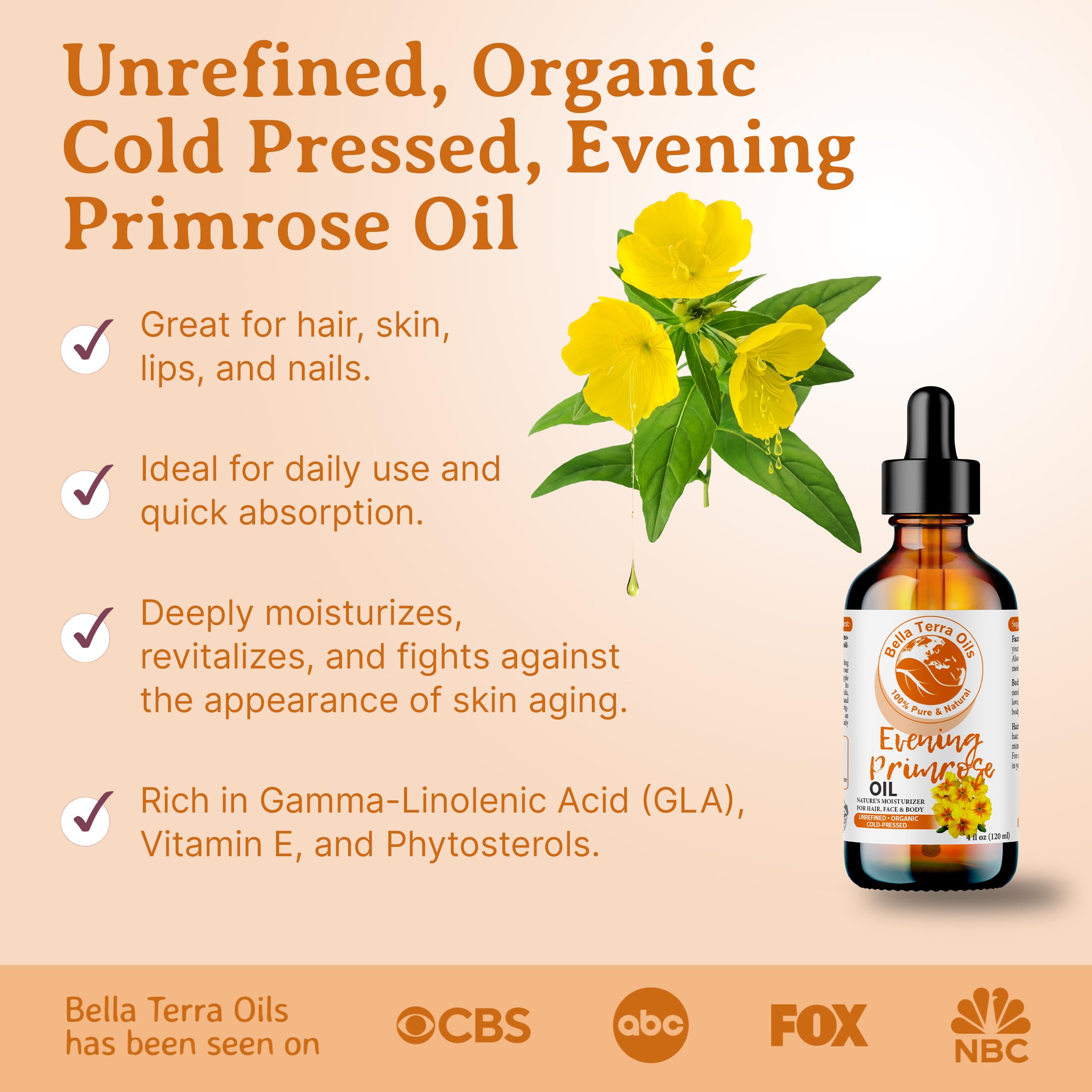 Bella Terra Oils Golden Primrose Oil Pour, soft texture for daily beauty rituals.