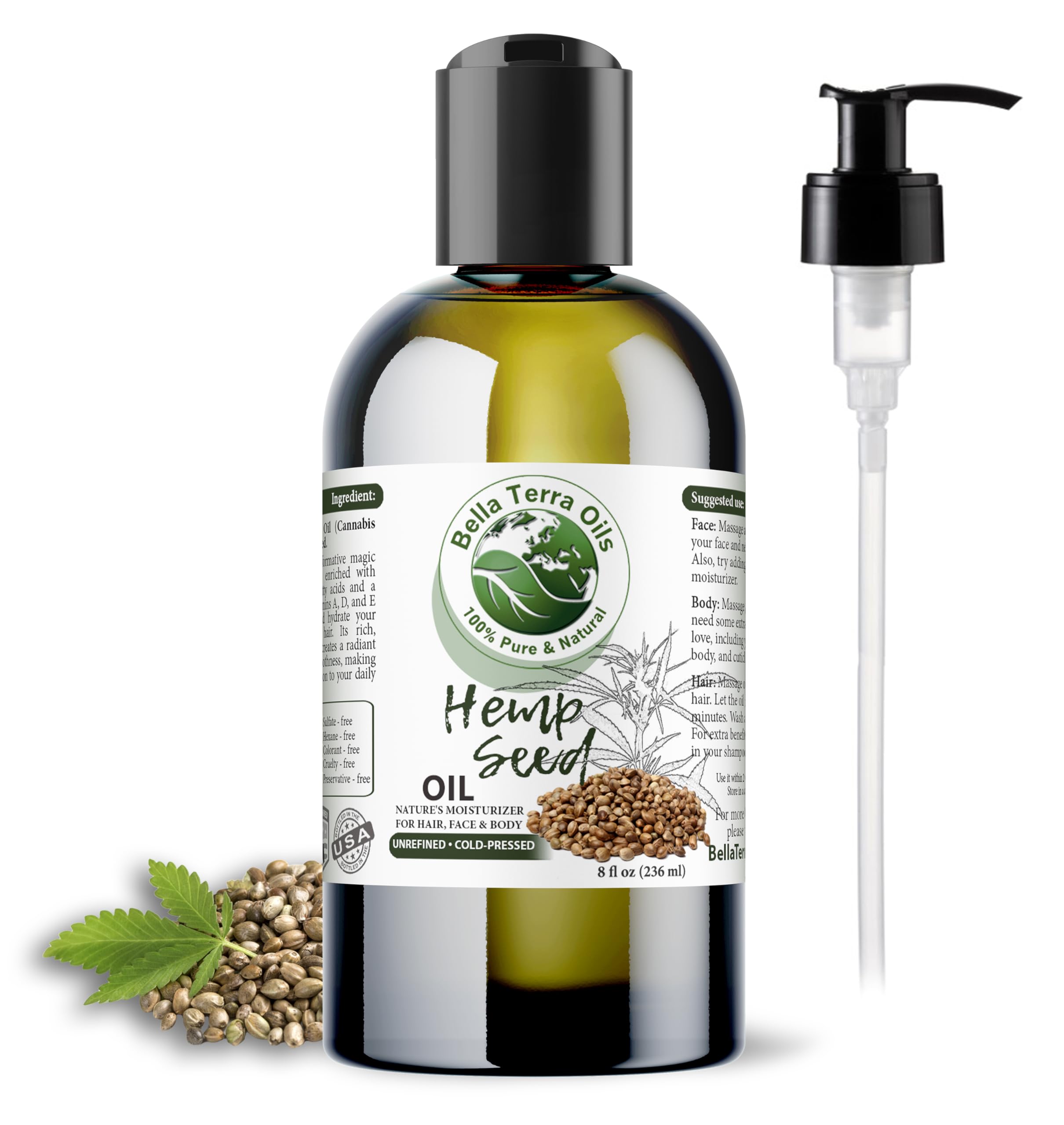 Bella Terra Oils hemp seed oil 8oz bottle for lightweight skin and hair hydration.