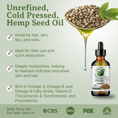 Bella Terra Oils hemp seed oil label closeup highlighting purity and cold-pressed process.
