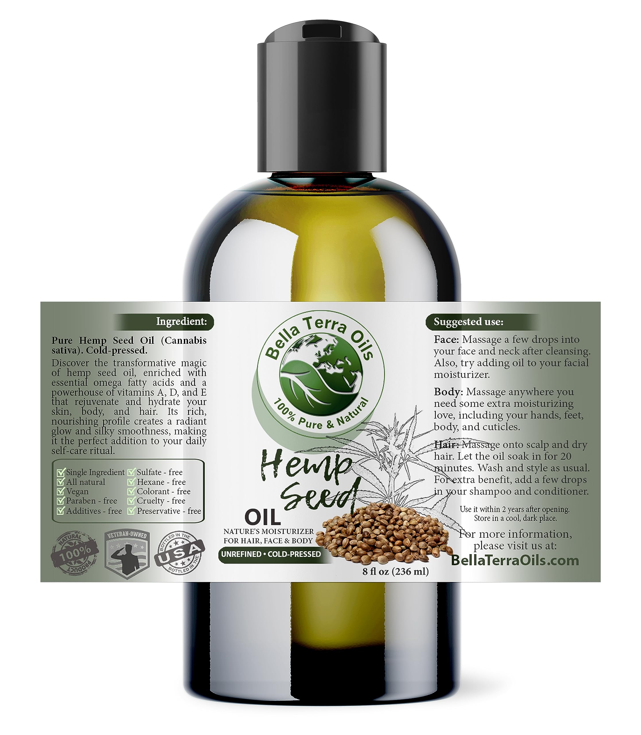 Bella Terra Oils hemp seed oil pour bottle showing smooth texture for daily use.