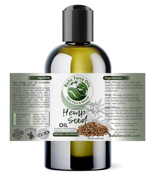 Bella Terra Oils hemp seed oil pour bottle showing smooth texture for daily use.